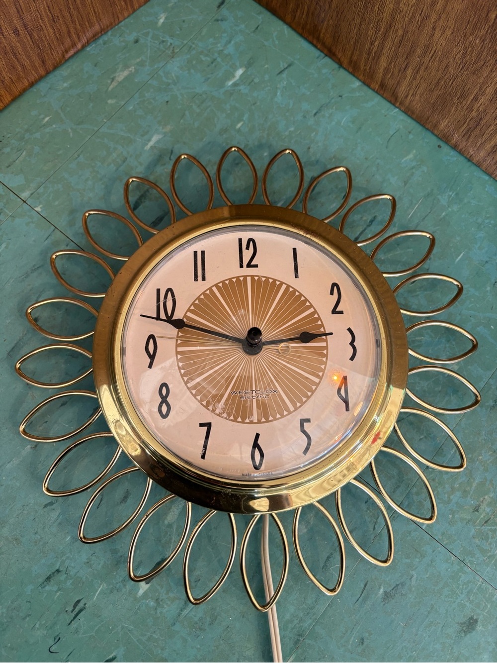 Vintage Gold Sunburst Wall Clock westclox gold mid century